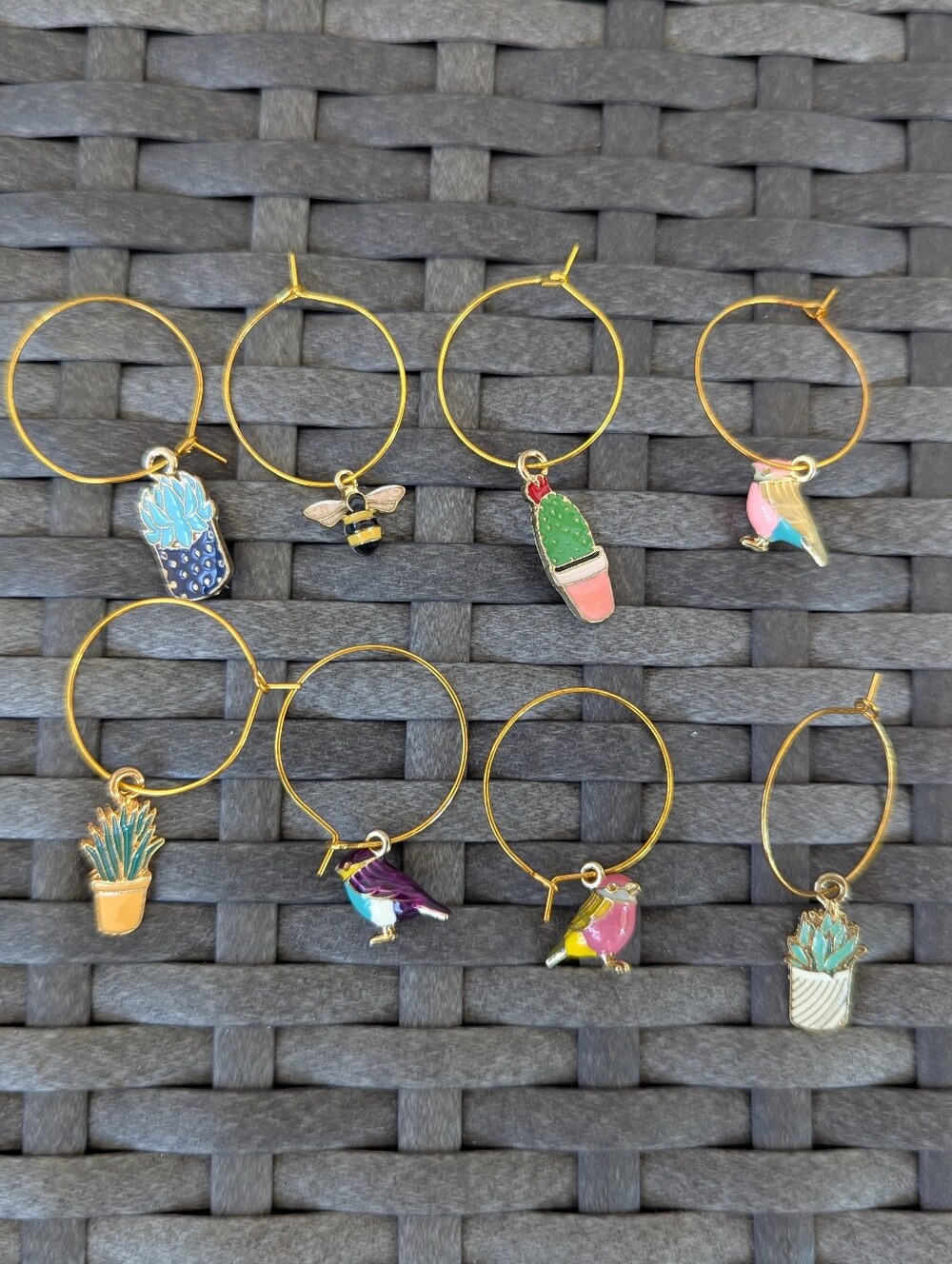 Set Of 8 Nature Themed Wine Glass Charms Birds, Plants, Bumble Bee, Cactus